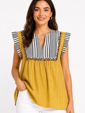 THML Mustard Stripe Embellished Boho Top | Colorful Beaded Detail Blouse | XS